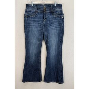 Democracy Jeans Women's Sz 12 Flare Leg Mid-Rise 3 Buttons Stretchy Blue‎ Denim